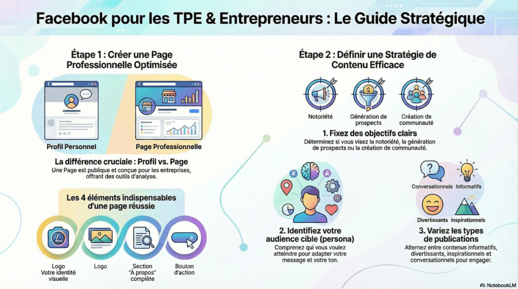 Interface d'une page professionnelle Facebook pour entrepreneurs.